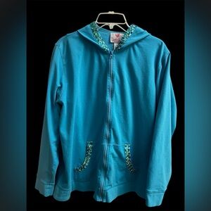 Quacker Factory Turquoise Hoodie With Short Sleeve Shirt With Sequin Accents